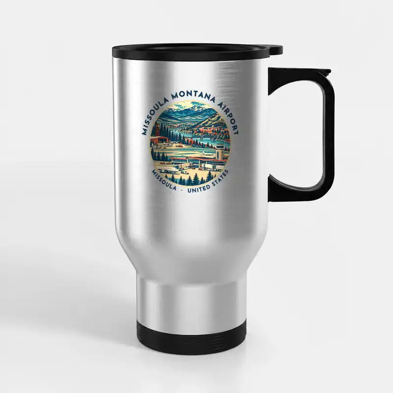 Missoula Montana Airport (MSO) Travel Mugs - Badge - Stainless Steel with Holder - Silver