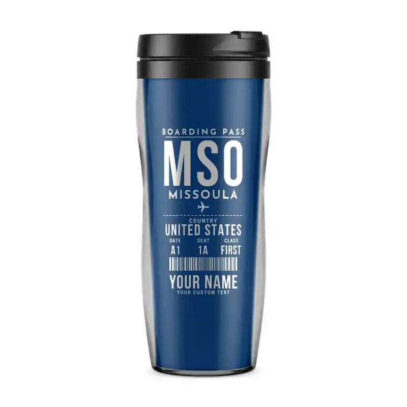 Missoula Montana Airport (MSO) Travel Mugs - Boarding Pass + Name - Plastic (No Holder) - Blue