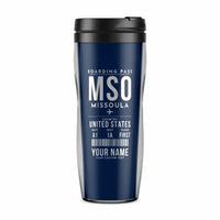 Thumbnail for Missoula Montana Airport (MSO) Travel Mugs - Boarding Pass + Name - Plastic (No Holder) - Dark Blue