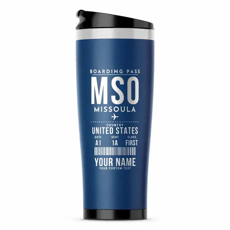 Missoula Montana Airport (MSO) Travel Mugs - Boarding Pass + Name - Stainless Steel (No Holder) - Blue