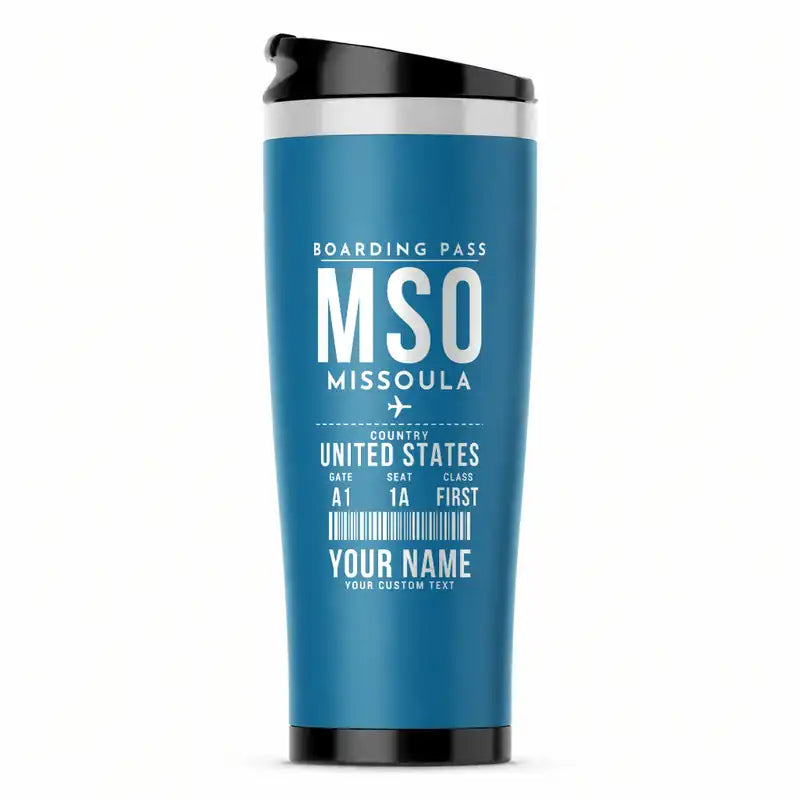 Missoula Montana Airport (MSO) Travel Mugs - Boarding Pass + Name - Stainless Steel (No Holder) - Light Blue