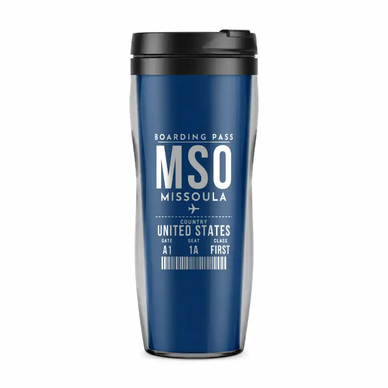 Missoula Montana Airport (MSO) Travel Mugs - Boarding Pass - Plastic (No Holder) - Blue