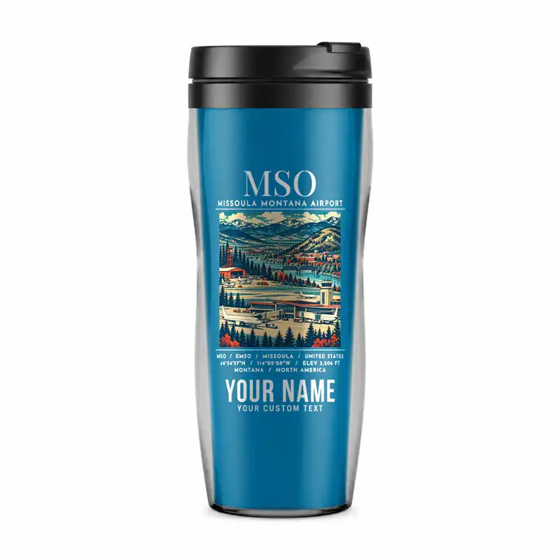 Missoula Montana Airport (MSO) Travel Mugs - Poster + Name - Plastic (No Holder) - Light Blue