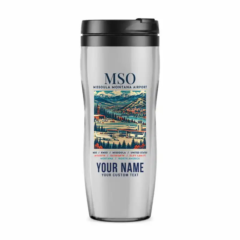 Missoula Montana Airport (MSO) Travel Mugs - Poster + Name - Plastic (No Holder) - Light Gray