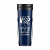 Thumbnail for Minneapolis-Saint Paul International Airport (MSP) Travel Mugs - Boarding Pass + Name - Plastic (No Holder) - Dark Blue