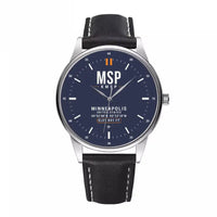 Thumbnail for Minneapolis-Saint Paul International Airport (MSP) Aviator Watches - Classic - Navy Blue - Leather Strap - Black Leather Strap