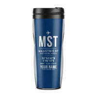 Thumbnail for Maastricht Aachen Airport (MST) Travel Mugs - ID Tag + Name - Plastic (No Holder) - Blue