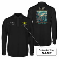 Thumbnail for Louis Armstrong New Orleans International Airport (MSY) Premium Polo T-Shirts - Poster + Name - Long Sleeve - Black