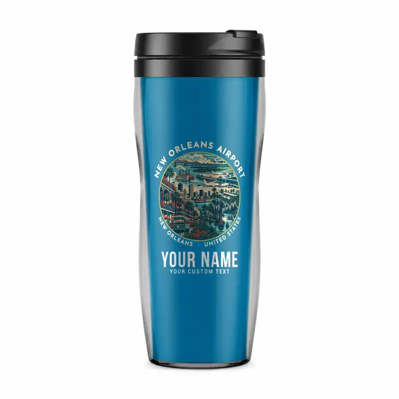 Louis Armstrong New Orleans International Airport (MSY) Travel Mugs - Badge + Name - Plastic (No Holder) - Light Blue