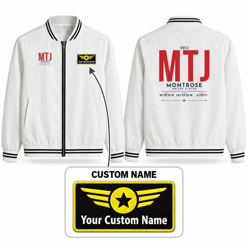 Montrose Regional Airport (MTJ) Stylish Jackets - Baseball Collar - Tag + Name - White