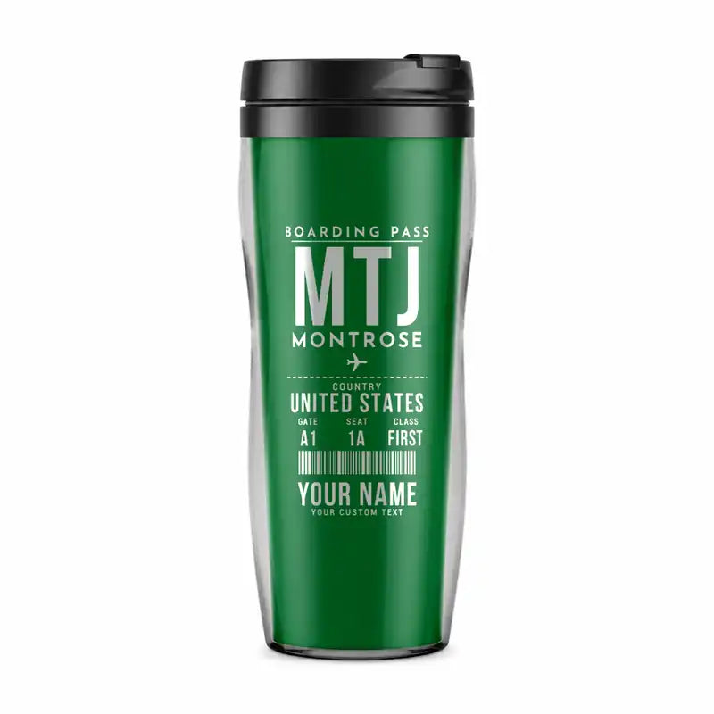 Montrose Regional Airport (MTJ) Travel Mugs - Boarding Pass + Name - Plastic (No Holder) - Green