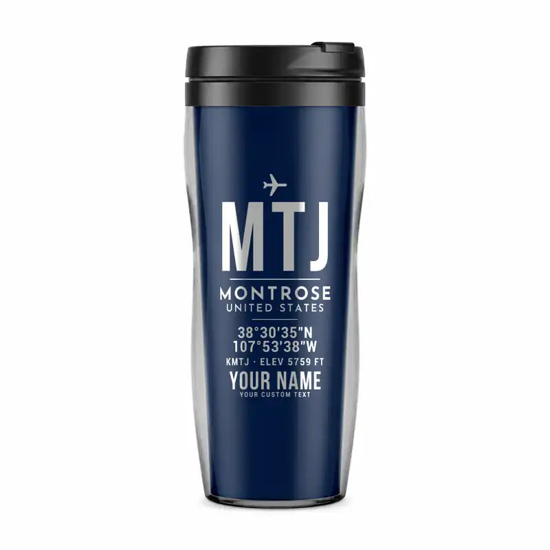Montrose Regional Airport (MTJ) Travel Mugs - ID Tag + Name - Plastic (No Holder) - Dark Blue