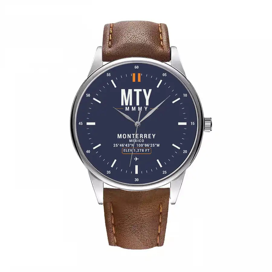 Monterrey International Airport (MTY) Aviator Watches - Classic - Navy Blue - Leather Strap - Brown Leather Strap