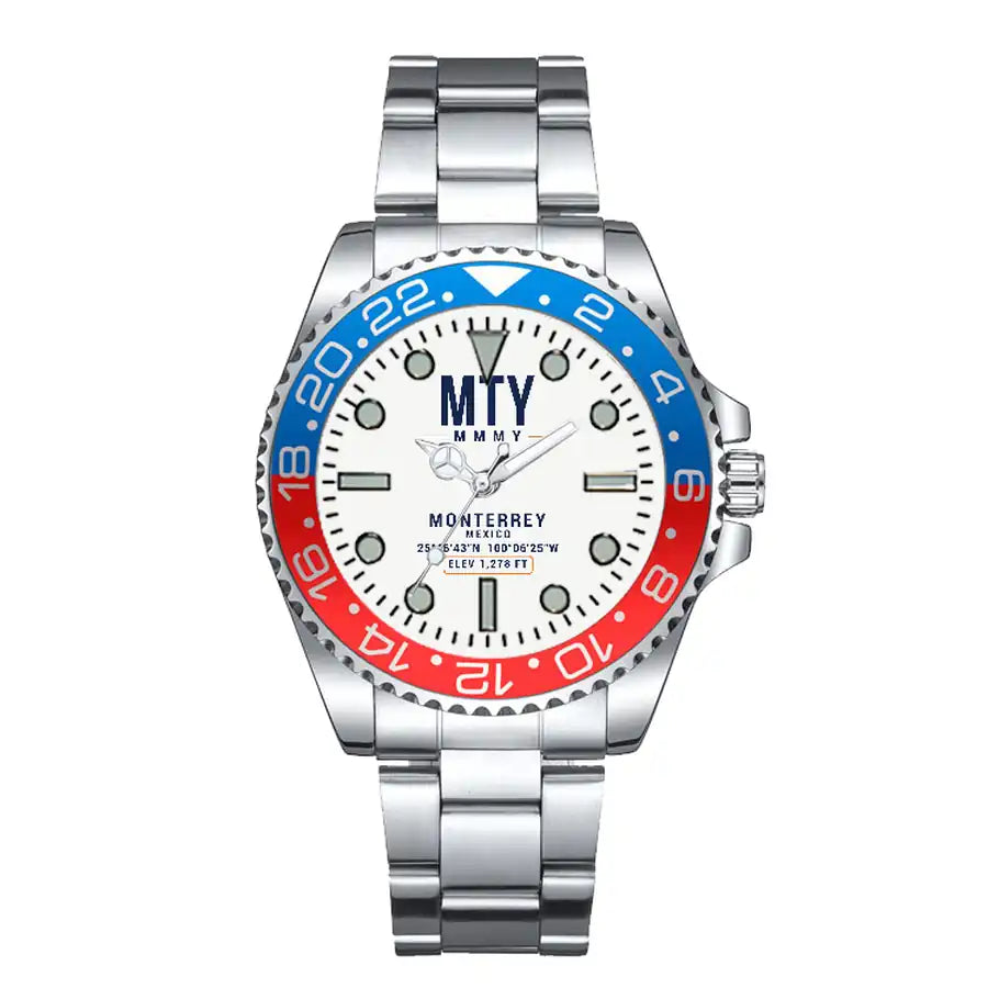 Monterrey International Airport (MTY) Aviator Watches - Classic - White - Premium Diver - Blue & Red