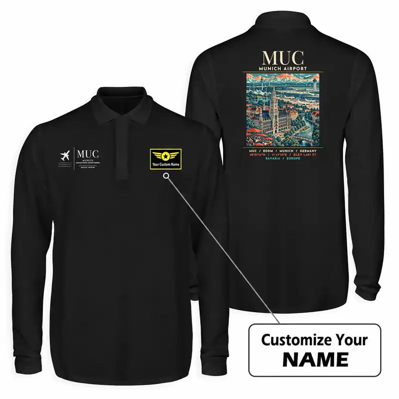 Munich Airport (MUC) Premium Polo T-Shirts - Poster + Name - Long Sleeve - Black