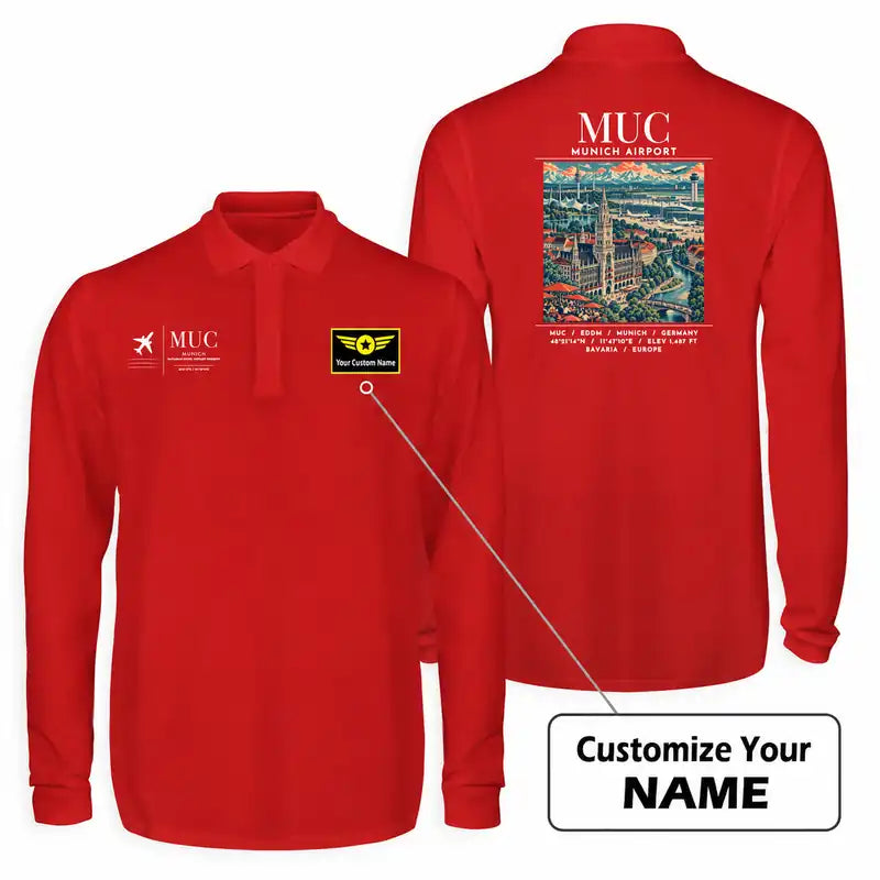 Munich Airport (MUC) Premium Polo T-Shirts - Poster + Name - Long Sleeve - Red