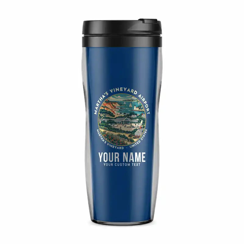 Martha's Vineyard Airport (MVY) Travel Mugs - Badge + Name - Plastic (No Holder) - Blue