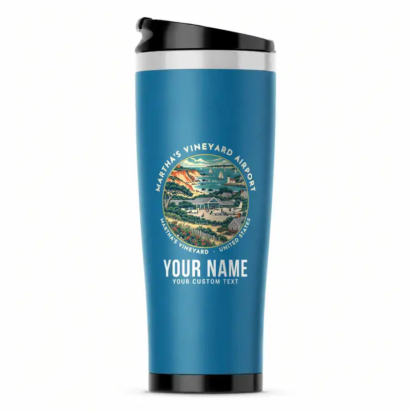 Martha's Vineyard Airport (MVY) Travel Mugs - Badge + Name - Stainless Steel (No Holder) - Light Blue