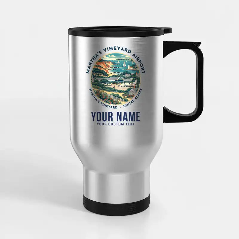 Martha's Vineyard Airport (MVY) Travel Mugs - Badge + Name - Stainless Steel with Holder - Silver