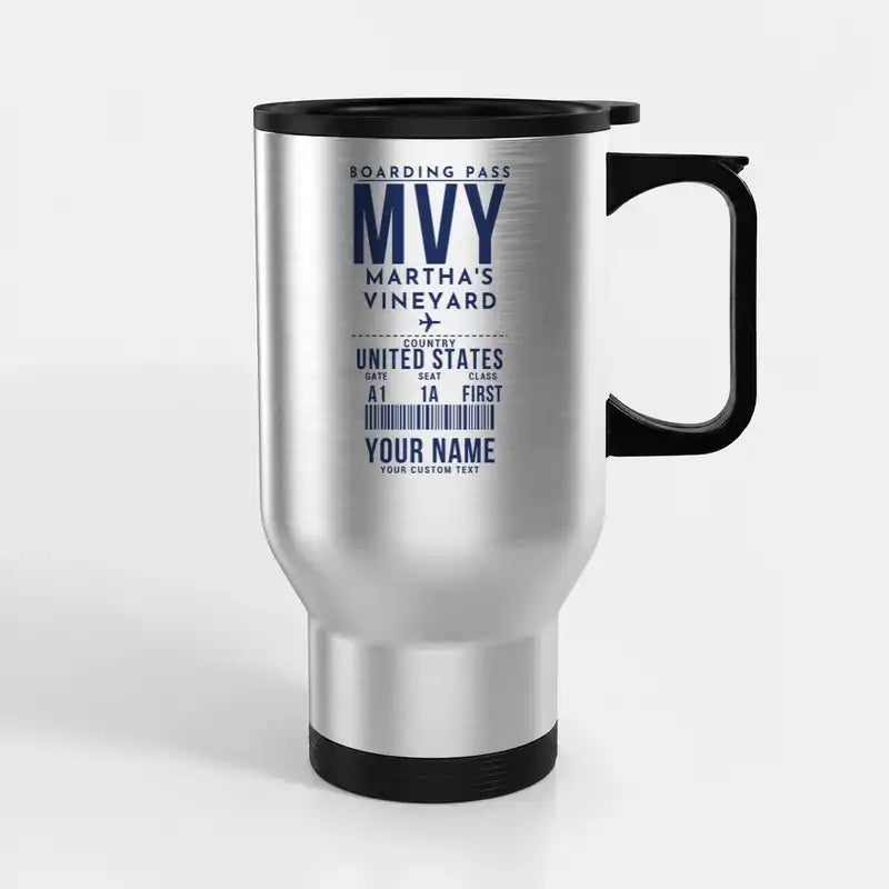 Martha's Vineyard Airport (MVY) Travel Mugs - Boarding Pass + Name - Stainless Steel with Holder - Silver