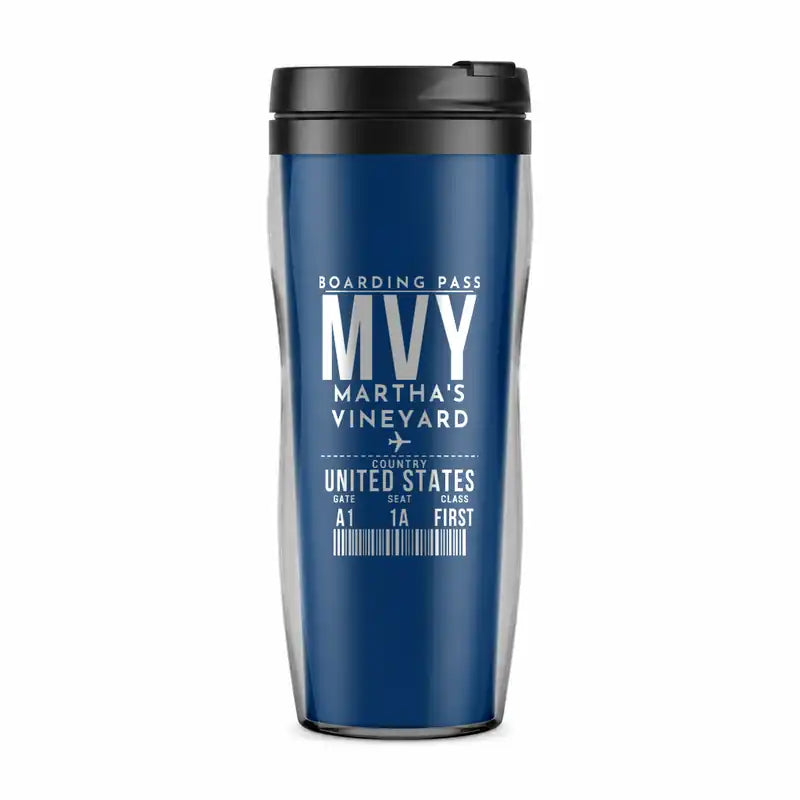 Martha's Vineyard Airport (MVY) Travel Mugs - Boarding Pass - Plastic (No Holder) - Blue