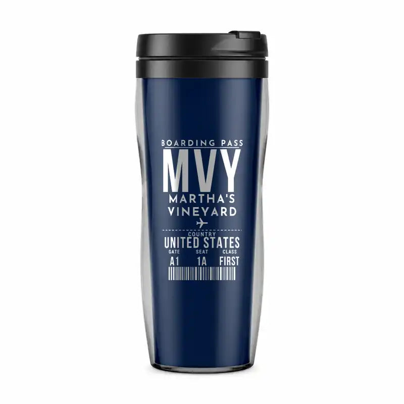 Martha's Vineyard Airport (MVY) Travel Mugs - Boarding Pass - Plastic (No Holder) - Dark Blue