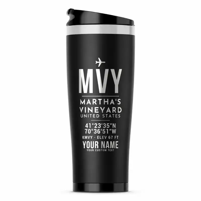 Martha's Vineyard Airport (MVY) Travel Mugs - ID Tag + Name - Stainless Steel (No Holder) - Black