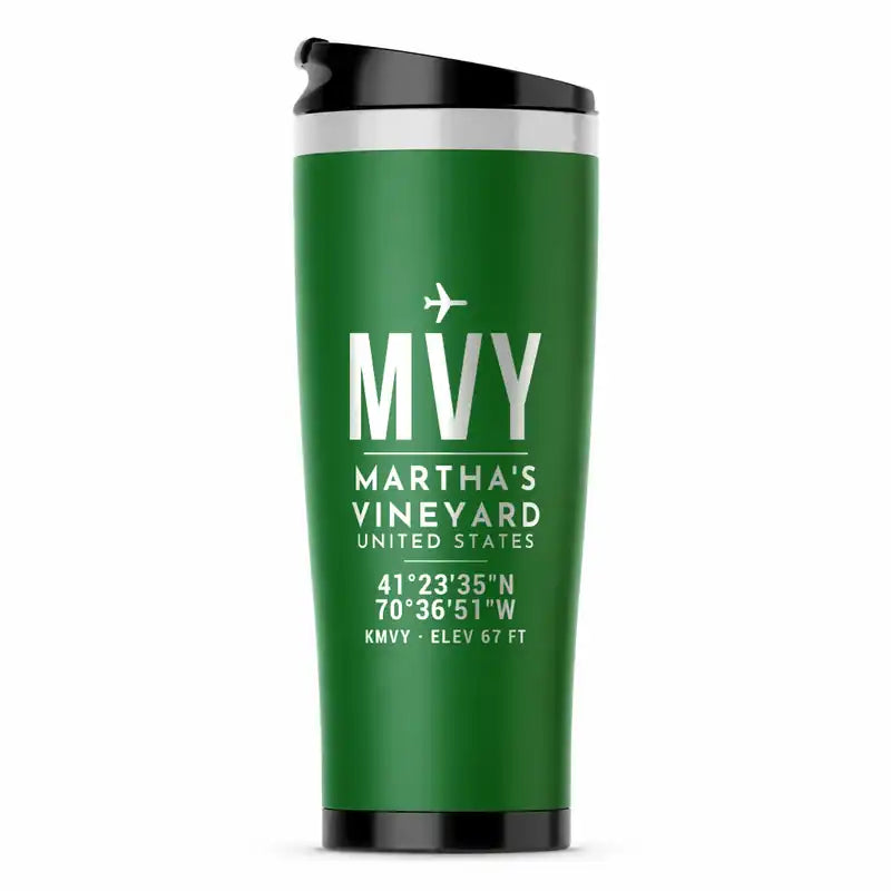 Martha's Vineyard Airport (MVY) Travel Mugs - ID Tag - Stainless Steel (No Holder) - Green