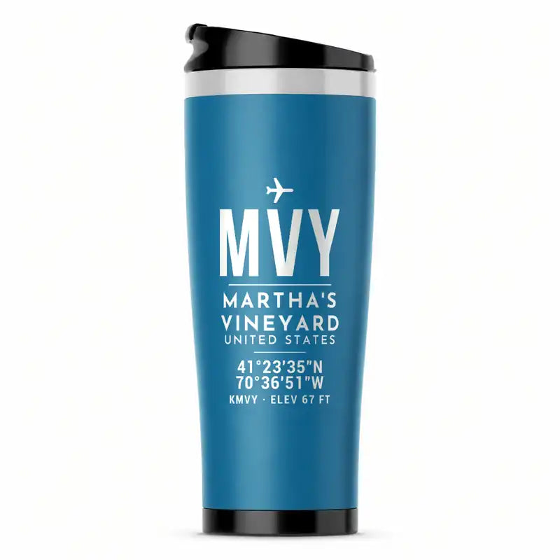 Martha's Vineyard Airport (MVY) Travel Mugs - ID Tag - Stainless Steel (No Holder) - Light Blue