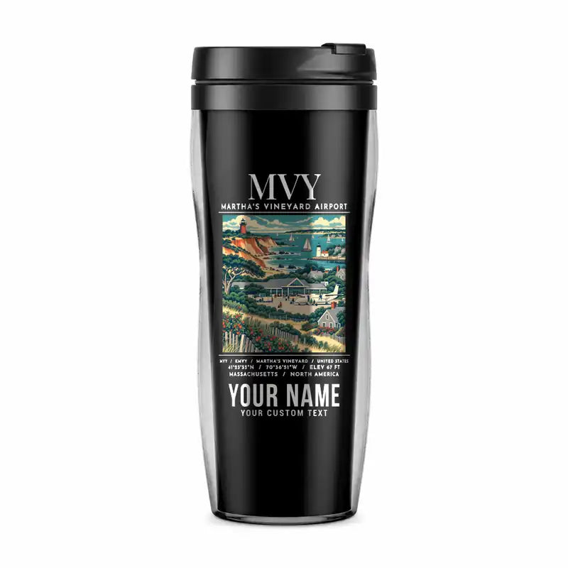 Martha's Vineyard Airport (MVY) Travel Mugs - Poster + Name - Plastic (No Holder) - Black