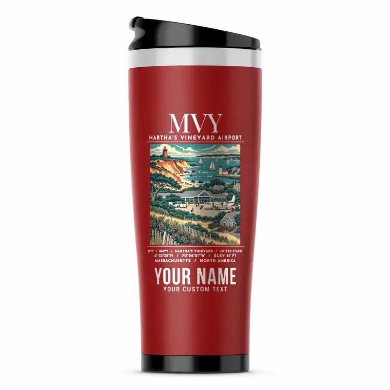 Martha's Vineyard Airport (MVY) Travel Mugs - Poster + Name - Stainless Steel (No Holder) - Red