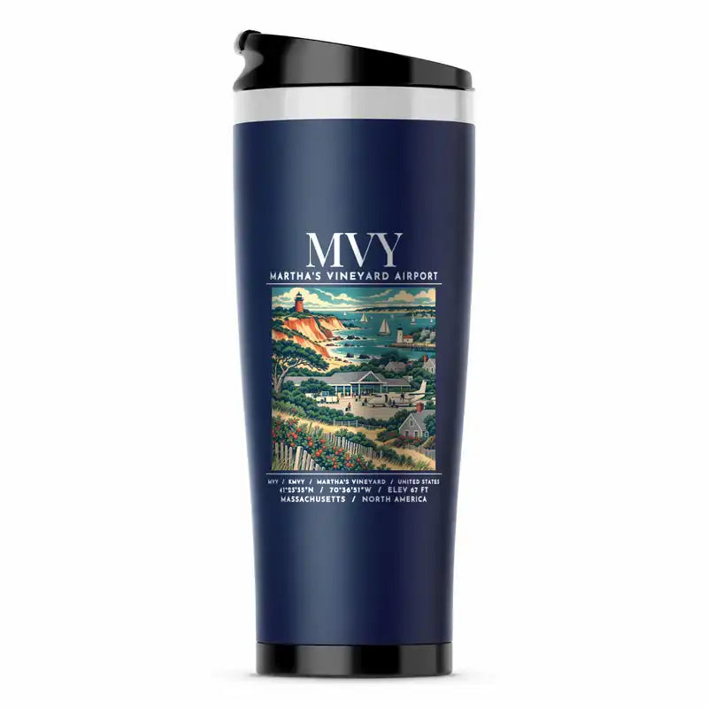 Martha's Vineyard Airport (MVY) Travel Mugs - Poster - Stainless Steel (No Holder) - Dark Blue