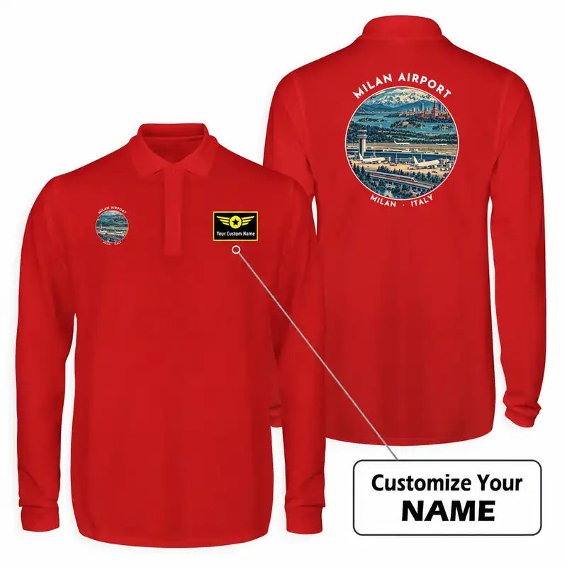 Milan Malpensa International Airport Silvio Berlusconi (MXP) Premium Polo T-Shirts - Badge + Name - Long Sleeve - Red
