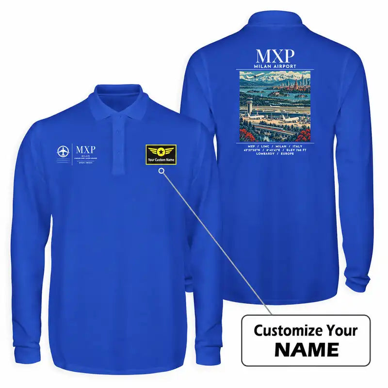 Milan Malpensa International Airport Silvio Berlusconi (MXP) Premium Polo T-Shirts - Poster + Name - Long Sleeve - Blue