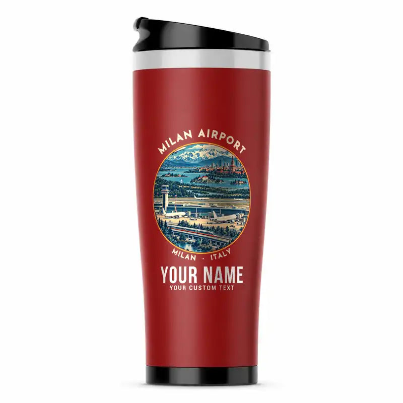 Milan Malpensa International Airport Silvio Berlusconi (MXP) Travel Mugs - Badge + Name - Stainless Steel (No Holder) - Red