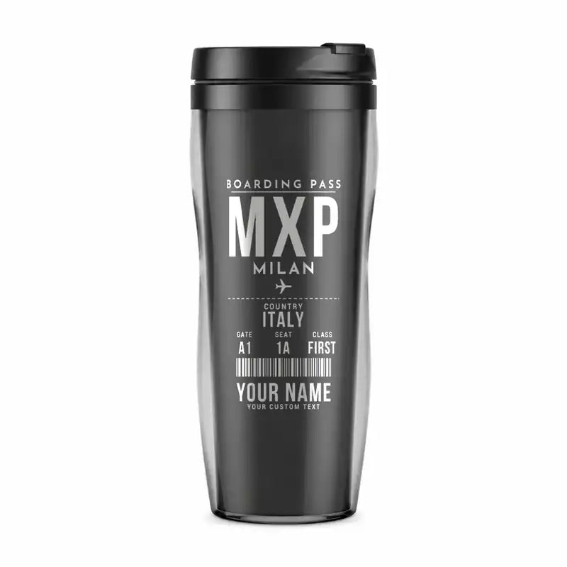 Milan Malpensa International Airport Silvio Berlusconi (MXP) Travel Mugs - Boarding Pass + Name - Plastic (No Holder) - Gray