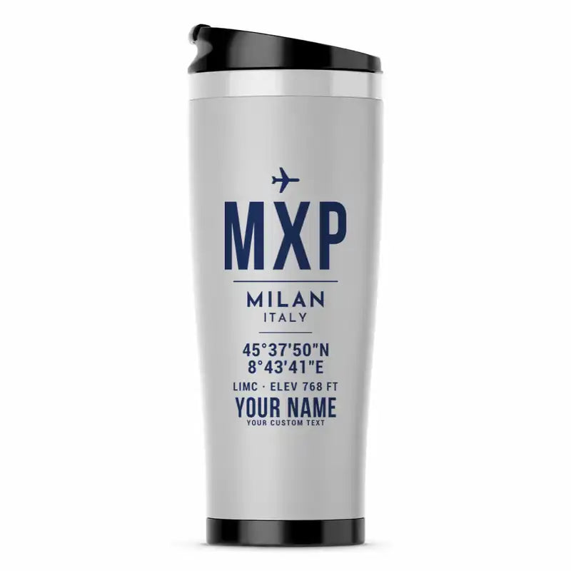 Milan Malpensa International Airport Silvio Berlusconi (MXP) Travel Mugs - ID Tag + Name - Stainless Steel (No Holder) - Light Gray