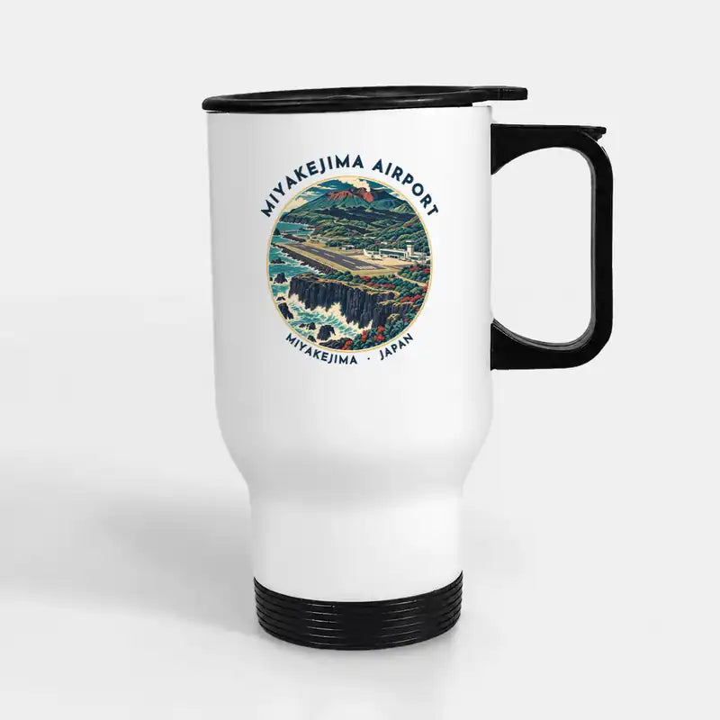 Miyakejima Airport (MYE) Travel Mugs - Badge - Stainless Steel with Holder - White