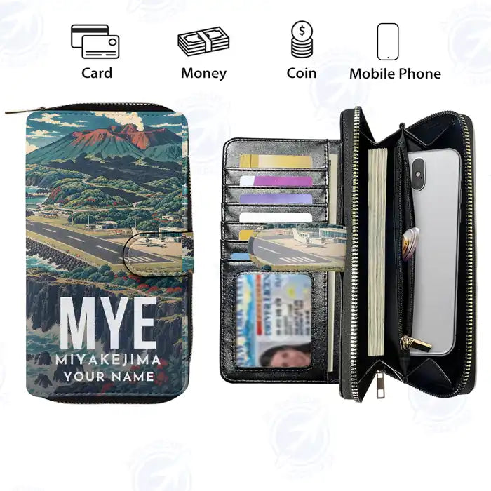 Miyakejima Airport (MYE) Leather Wallets - Zip Long Wallet - Scene + Name