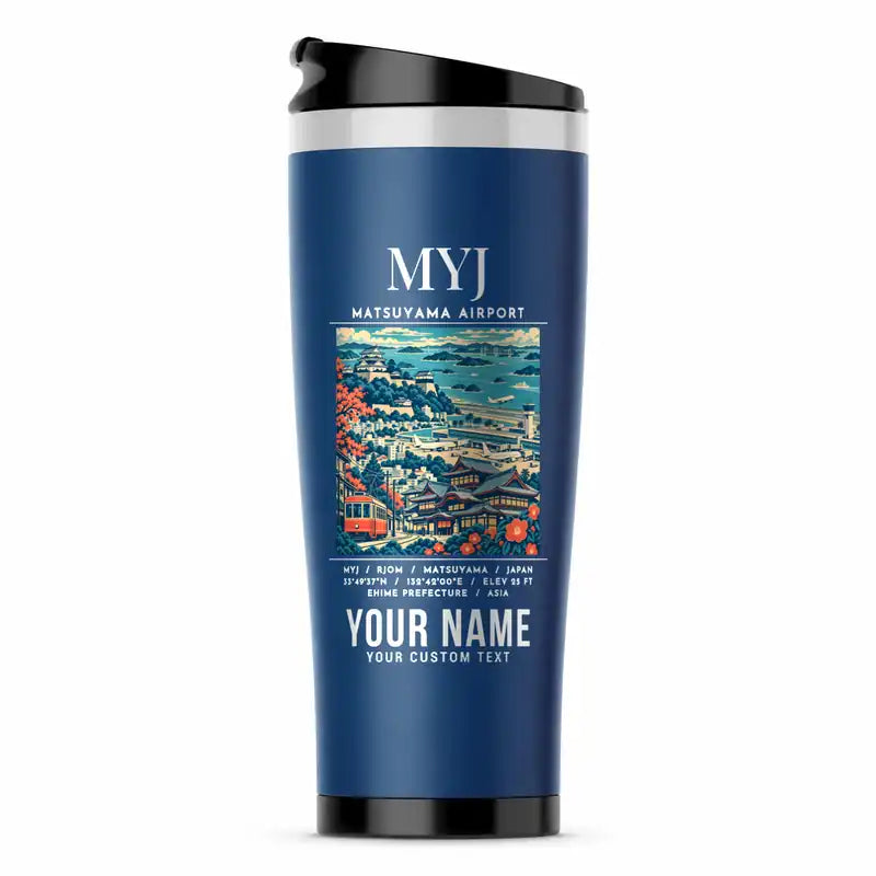 Matsuyama Airport (MYJ) Travel Mugs - Poster + Name - Stainless Steel (No Holder) - Blue