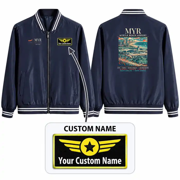 Myrtle Beach International Airport (MYR) Stylish Jackets - Baseball Collar - Poster + Name - Navy Blue