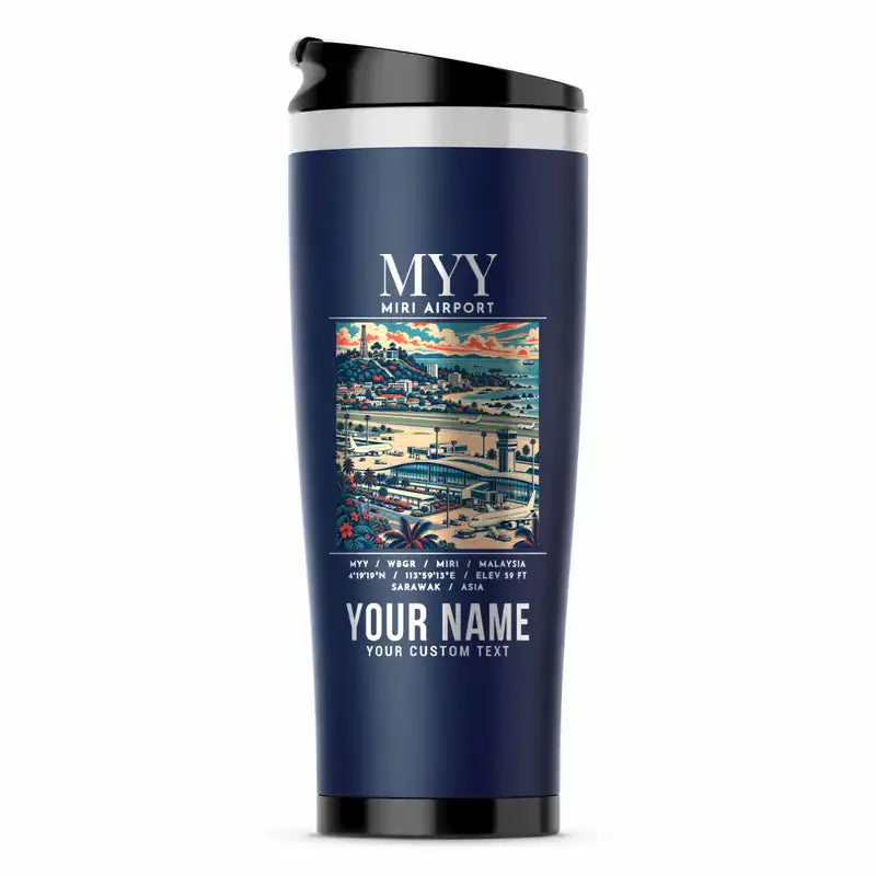Miri Airport (MYY) Travel Mugs - Poster + Name - Stainless Steel (No Holder) - Dark Blue