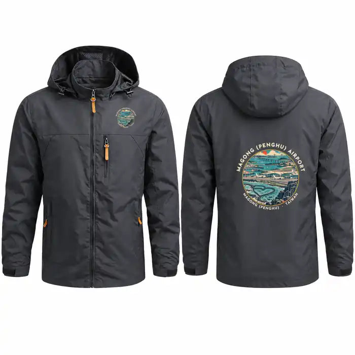 Magong Airport (MZG) Stylish Jackets - Hooded Windbreaker - Badge - Charcoal