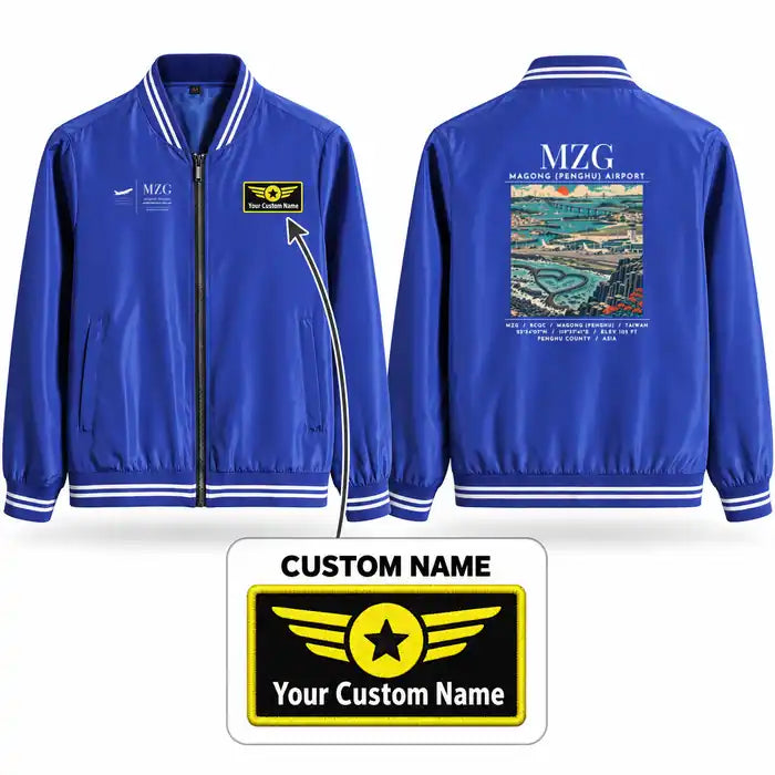 Magong Airport (MZG) Stylish Jackets - Baseball Collar - Poster + Name - Royal Blue