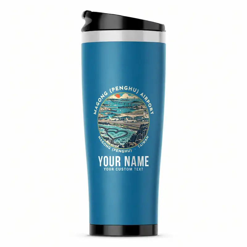 Magong Airport (MZG) Travel Mugs - Badge + Name - Stainless Steel (No Holder) - Light Blue
