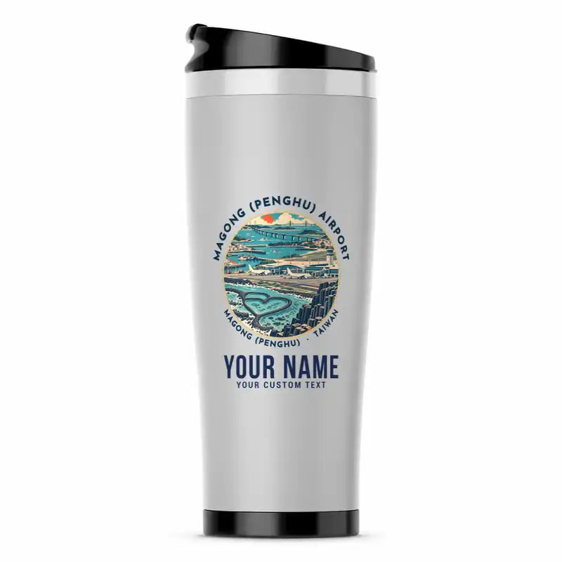 Magong Airport (MZG) Travel Mugs - Badge + Name - Stainless Steel (No Holder) - Light Gray