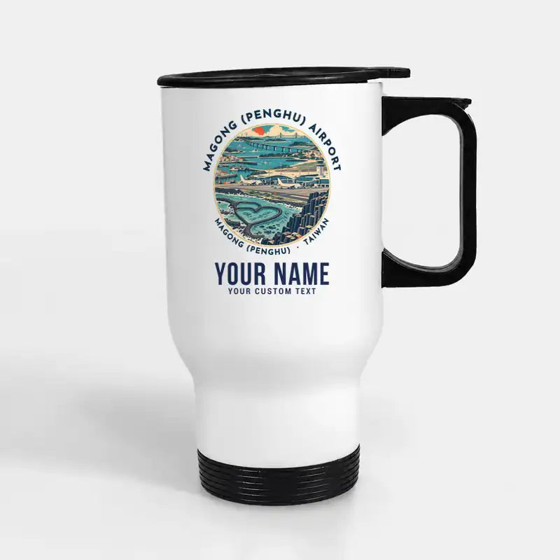 Magong Airport (MZG) Travel Mugs - Badge + Name - Stainless Steel with Holder - White
