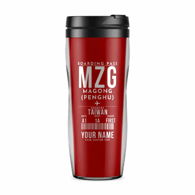 Magong Airport (MZG) Travel Mugs - Boarding Pass + Name - Plastic (No Holder) - Red