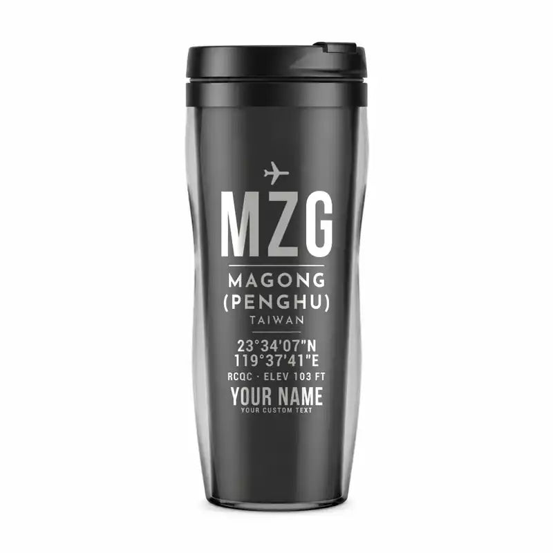 Magong Airport (MZG) Travel Mugs - ID Tag + Name - Plastic (No Holder) - Gray