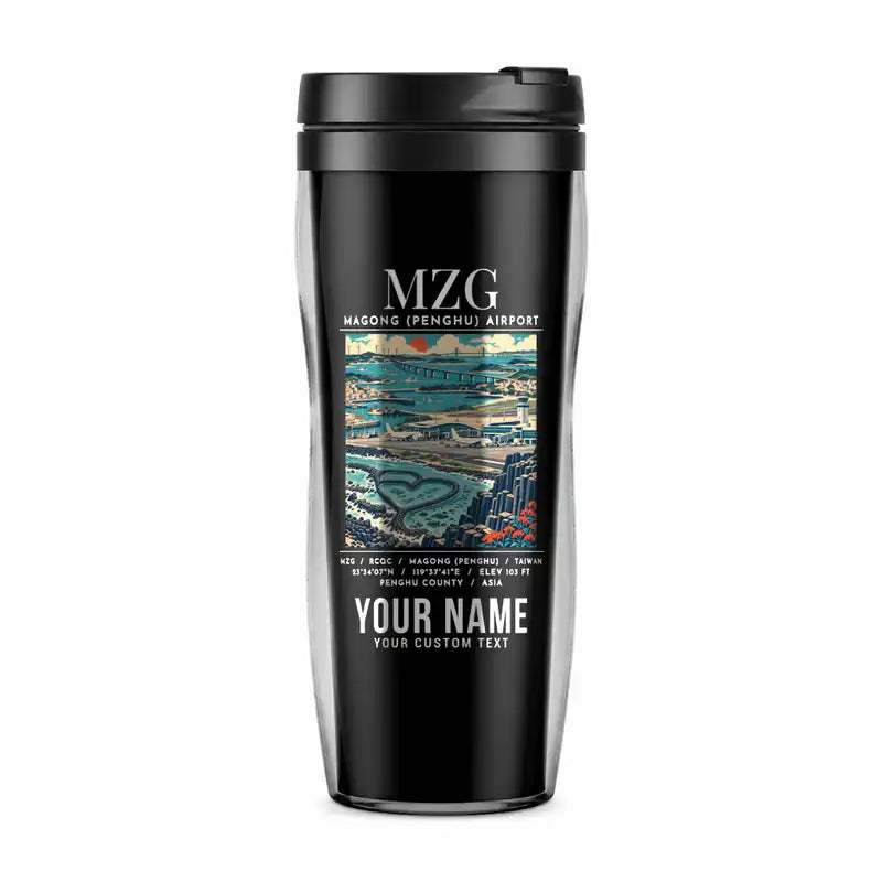 Magong Airport (MZG) Travel Mugs - Poster + Name - Plastic (No Holder) - Black